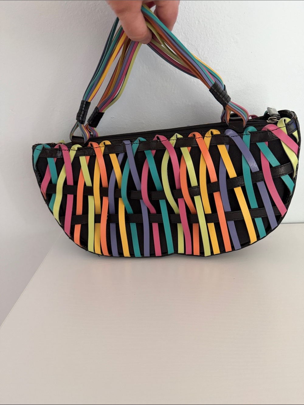 Inge Sport Vintage Y2K Rainbow Woven Crescent Mini Shoulder Bag RARE Purse